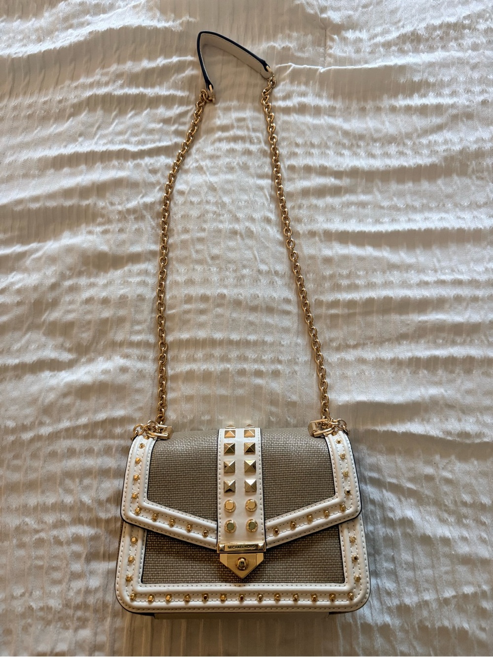 Michael Kors White Trim Taupe Crossbody with Gold Studs